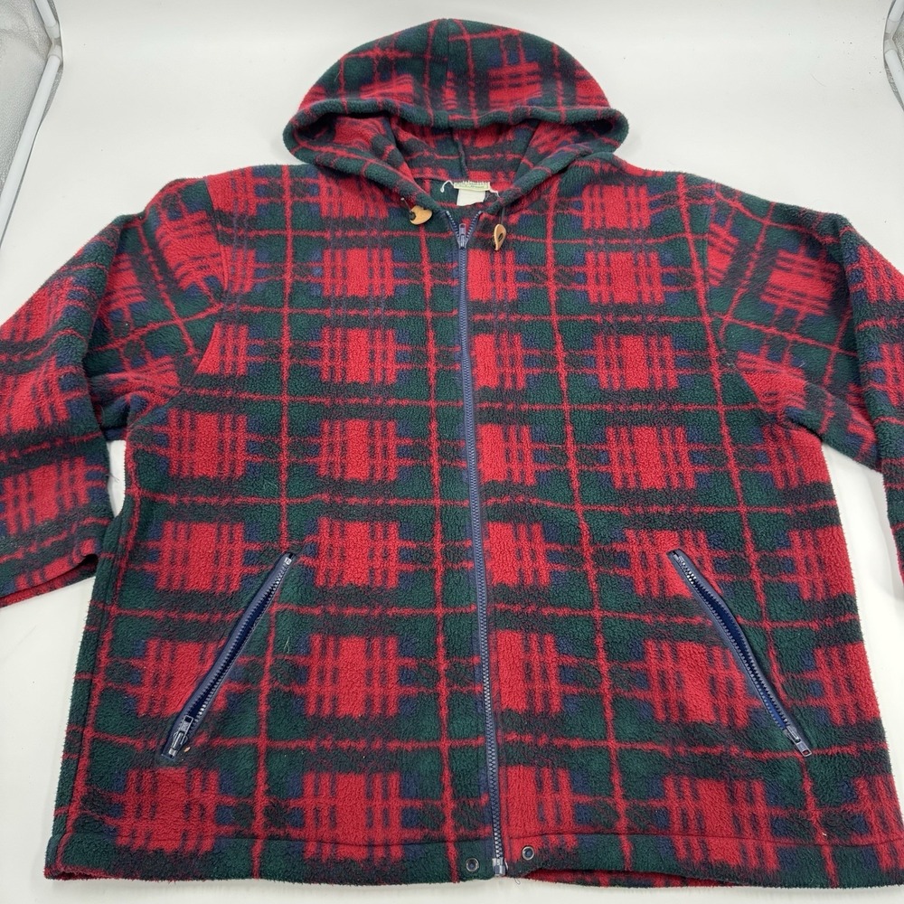 LL Bean Plaid Fleece Zip Up Hoodie Red Green Blue Men's Size